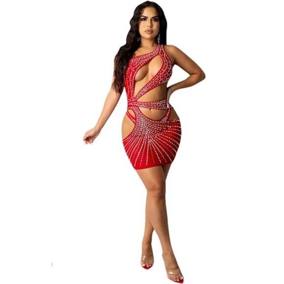 Western Fashion Dresses & Skirts - 🦋B2G1🦋WESTERN FASHION One-shoulder Rhinestone Mesh Hollow Out Mini Dress & Panty